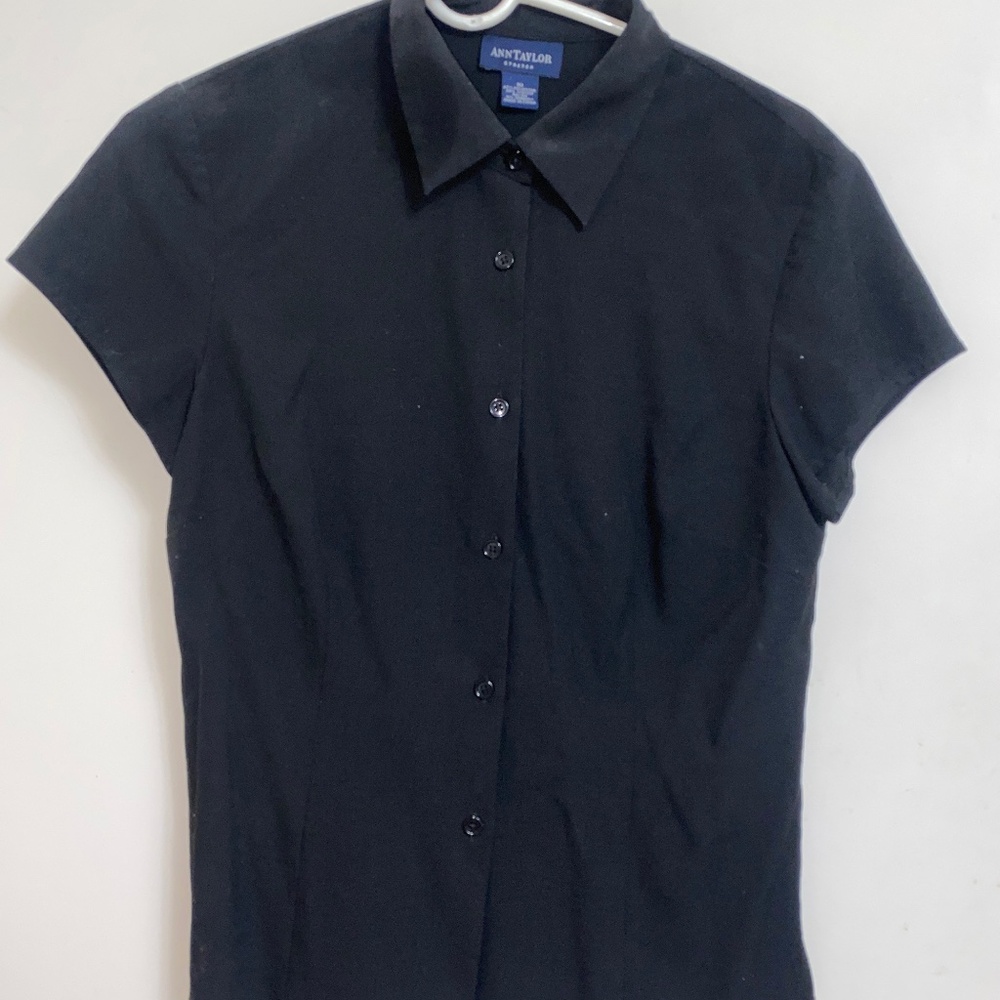 Ann Taylor Short Sleeve Tailored Black Shirt